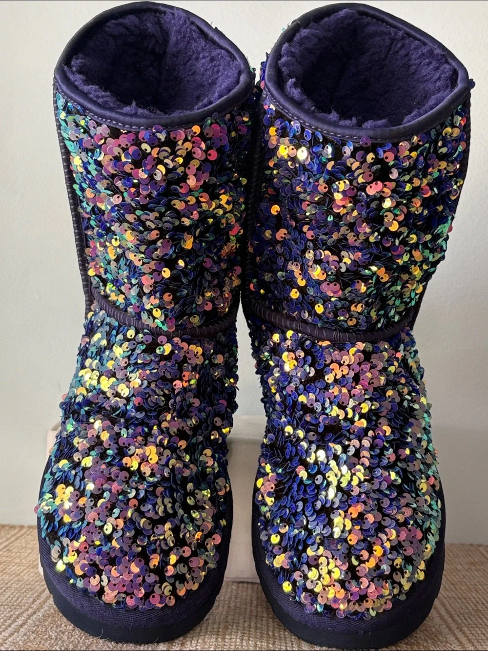 UGG Classic Short Stellar Jewel Violet Sequined Shearling Lined Booties. Size-9